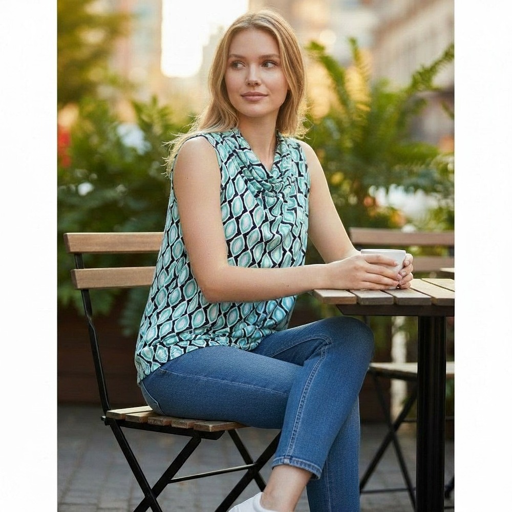 Cato Womens Plus 22/24W Sleeveless Cowl Neck Geometric Ogee Print Blouse Teal